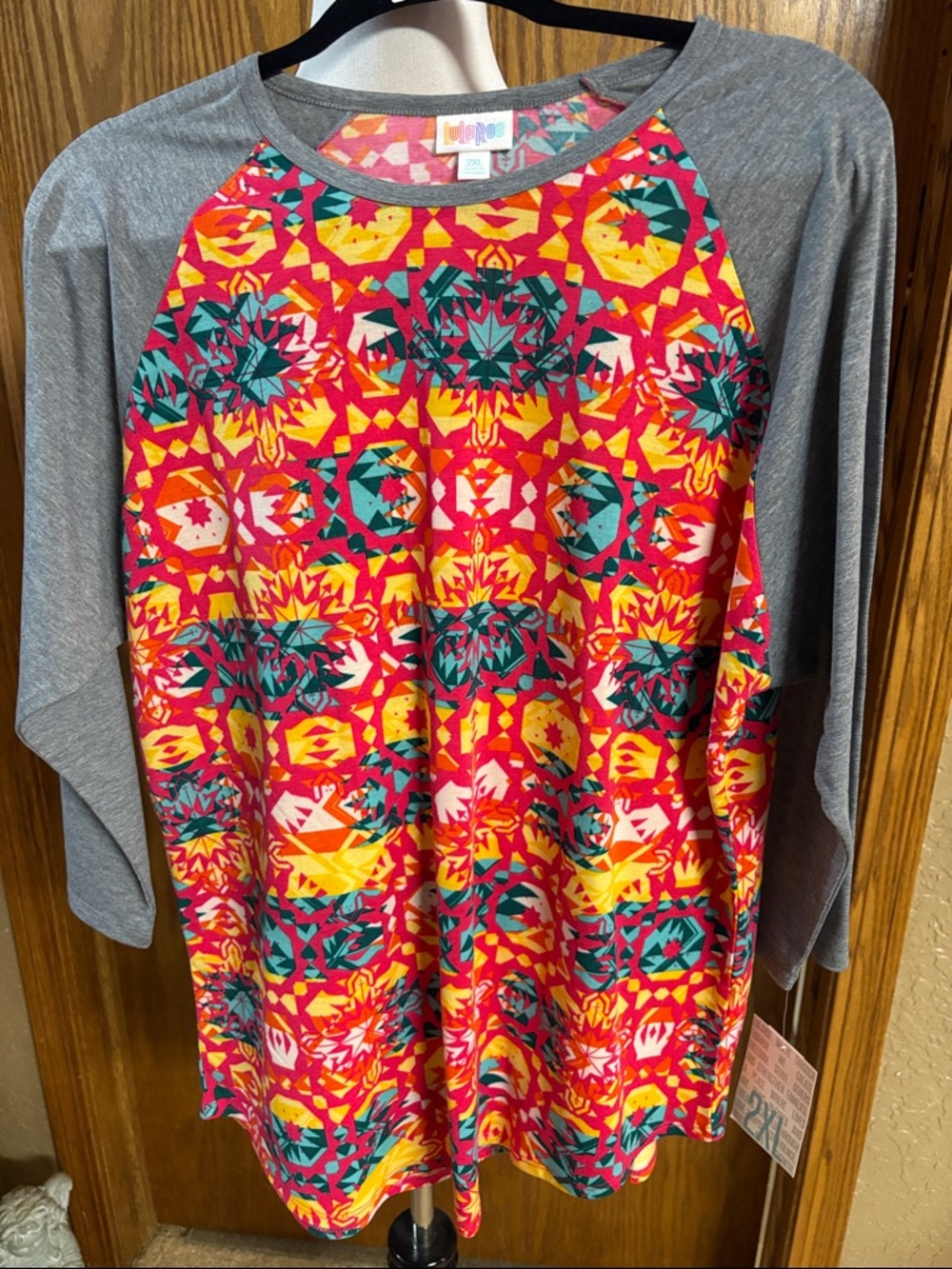LuLaRoe Bright Geo Raglan Top - Pink, Yellow, Teal, Gray